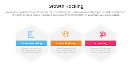 growth hacking infographic 3 point with big hexagon hexagonal horizontal for slide presentation