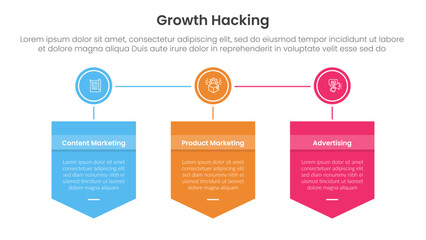 growth hacking infographic 3 point with badge box shield and circle connected for slide presentation