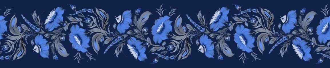 Floral seamless border pattern from blue colored chrysanthemum flowers and leaves on a black background