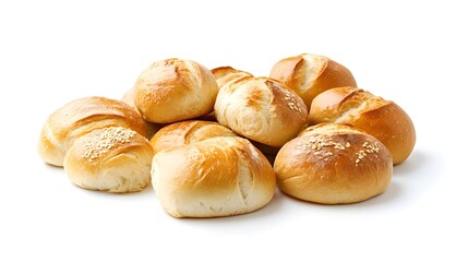 Fototapeta premium Freshly baked bread rolls and small buns isolated on a white transparent background, ideal for Thanksgiving holiday dinner.