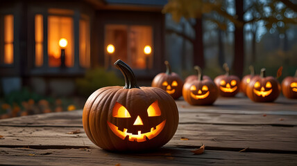 Rustic Charm Meets Spooky Halloween Pumpkins. Glowing Faces of Halloween on a Wooden Table