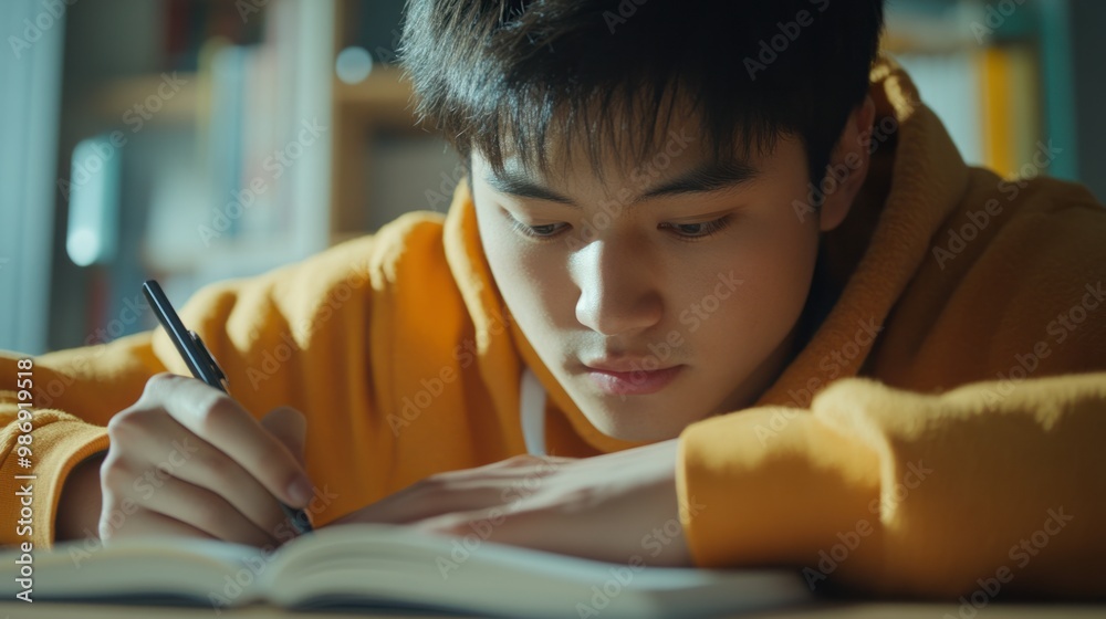 Wall mural Close-up of a young Asian male writing in a notebook while working at a desk, focusing on his studies or creative ideas.