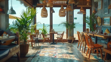 Beachfront Restaurant Interior with Palm Trees and Ocean View
