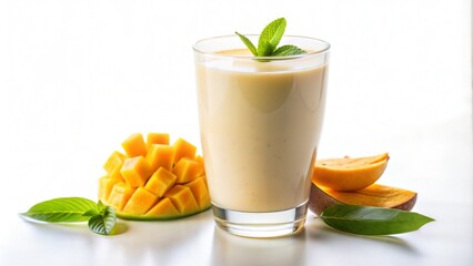 Fototapeta premium Refreshing Mango Lassi with Mint Garnish and Mango Pieces on Bright Background