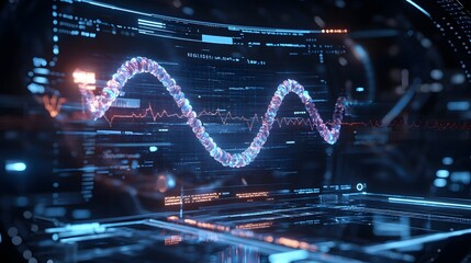 Futuristic hologram of a DNA sequence on a medical screen, featuring a digital HUD with health data and 3D technology.