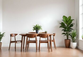 Fototapeta premium A wooden dining table with four chairs, a potted plant, and a simple white wall background.