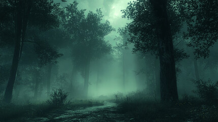 Fototapeta premium Eerie nighttime forest shrouded in thick mist, creating mysterious atmosphere. dense trees and fog evoke sense of intrigue and suspense, perfect for storytelling