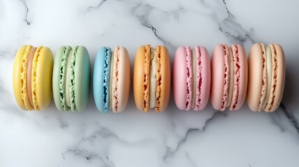 Assorted Colorful Macarons Lined Up on Elegant Marble Surface – A Delightful French Pastry Display