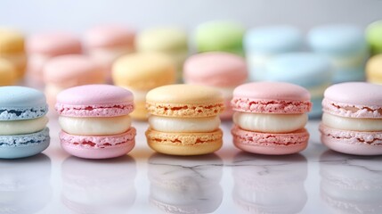 Obraz premium Assorted Pastel Macarons on Marble Surface with Soft Focus Background - French Delicacy Pastry Collection