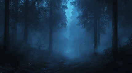 Fototapeta premium serene nighttime forest enveloped in thick mist creates eerie atmosphere, with shadows cast by towering trees and faint light in distance
