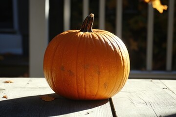 A Single Orange Pumpkin Resting on a Wooden Deck