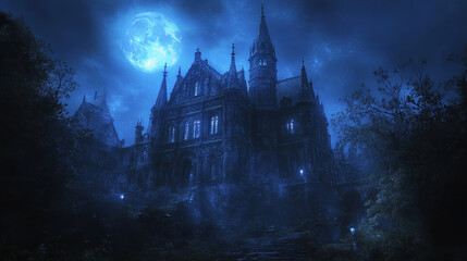 Obraz premium gothic castle at night, towering under full moon, creates eerie and mysterious atmosphere. dark surroundings and illuminated windows enhance haunting beauty of this architectural marvel