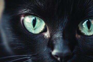 Close-up of a Black Cat's Face with Green Eyes