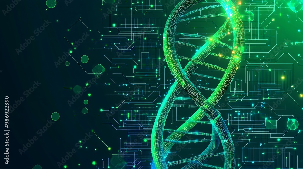 Aufkleber a glowing green dna strand against a dark blue background with a circuit board pattern.