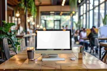 Blank screen desktop computer on wooden table top with blur people working at creative office bokeh background,Mock up for display or montage of design