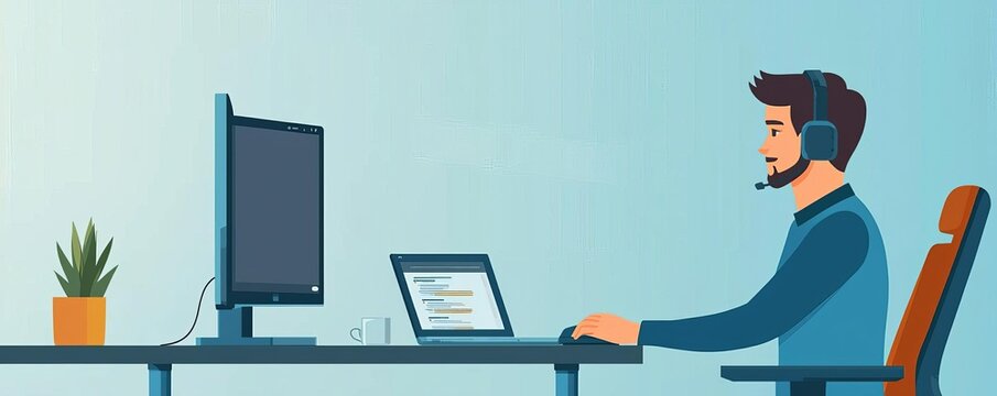 IT support Helpdesk Cybersecurity Helpdesk troubleshooting remote work setup, cloud software and tools, flat design illustration