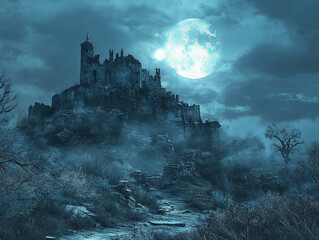 Naklejka premium crumbling castle atop hill under full moon creates haunting atmosphere, surrounded by mist and barren trees. eerie landscape evokes sense of mystery and intrigue