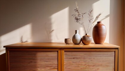 A wooden dresser with a vase of dried flowers and other decor sitting on top