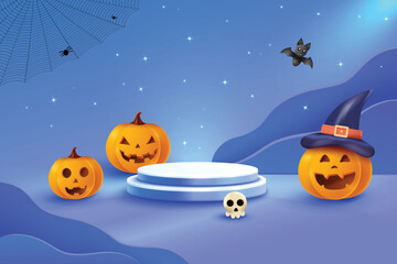 Halloween Festive Sale With Podium On Dark Blue Background. 3D Realistic Spooky Theme Vector Illustration.