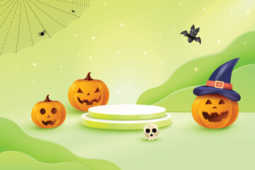 Halloween Festive Sale With Podium On Green Background. 3D Realistic Spooky Theme Vector Illustration.
