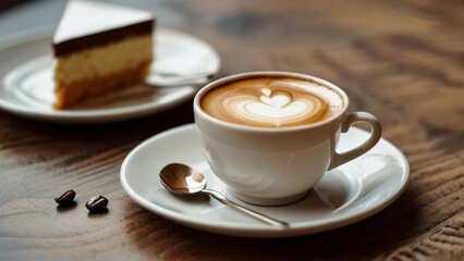 Coffee served with a slice of cake on the side.