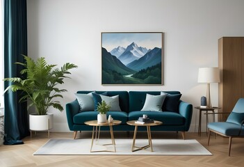 A green velvet sofa in a modern living room with a large framed landscape painting on the wall depicting a mountainous scene with blue hues.