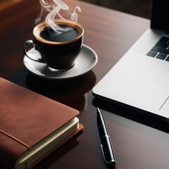 Coffee beside a laptop in a work setting.