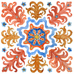 Watercolor painted tile with hand drawn geometrical and floral ornaments isolated on a white background