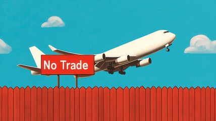 Fototapeta premium An airplane taking off against a vibrant blue sky, with a 'No Trade' sign in the foreground.
