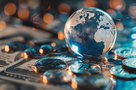 Globe, coins, US currency, glowing light symbolize global finance. Perfect for financial concepts, investment strategies, international trade presentations.