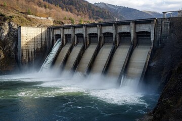 A massive hydroelectric dam releasing water into the river beneath it.