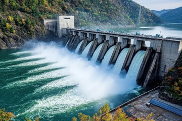 Powerful streams of water released from a large hydroelectric dam into a flowing river.