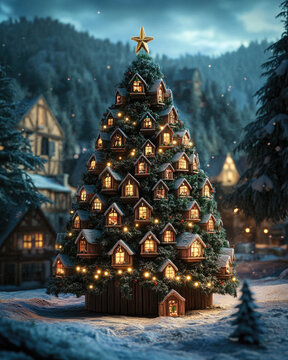 A Christmas tree adorned with miniature houses and glowing lights in a winter landscape.