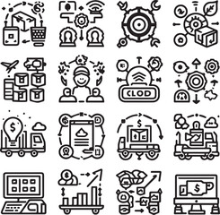 supply chain, value chain, logistics, delivery, manufacturing, commerce, Outline icon set