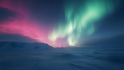 Fototapeta premium The Northern Lights illuminating the night sky with shades of green, pink, and purple over a snow-covered landscape