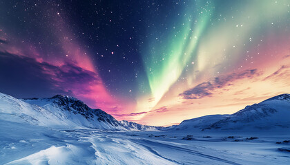 The Northern Lights illuminating the night sky with shades of green, pink, and purple over a snow-covered landscape