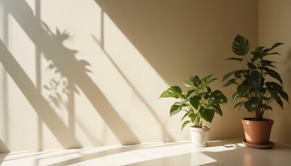 Fototapeta premium A bright, airy room with sunlight streaming in through the window, casting long shadows on the wall. A potted plant with green leaves sits on a table in the foreground.
