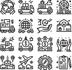 Naklejka premium Vector Set of supply chain, value chain, logistics, delivery, manufacturing, commerce