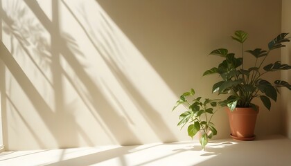 Fototapeta premium A bright, airy room with sunlight streaming in through the window, casting long shadows on the wall. A potted plant with green leaves sits on a table in the foreground.