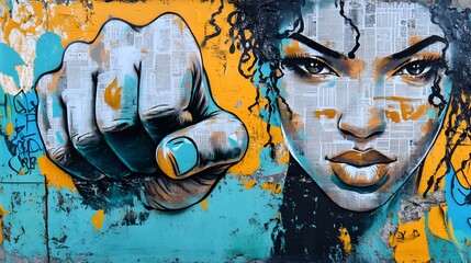 A vibrant graffiti collage combining bold colors and grunge newspaper clippings, featuring the powerful image of an African woman.