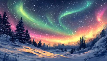Fototapeta premium The Northern Lights illuminating the night sky with shades of green, pink, and purple over a snow-covered landscape