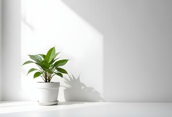 A potted plant with green leaves on a white table against a plain white wall.