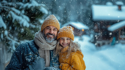Fototapeta premium happy family skiing at ski resort with ski slope and bungalow in background, snow, winter sport, father, child, son, man, boy, new year holiday, active lifestyle, vacation, rest, travel, people, skier