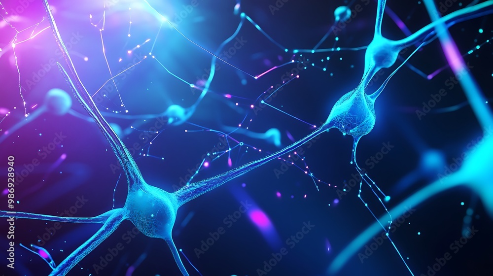 Poster Abstract representation of a neural network with blue and purple glowing connections.