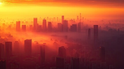 Fototapeta premium A city skyline at sunrise, with the buildings barely visible through a thick layer of smog. The orange hues of the sunrise mix with the grey haze, creating a dramatic effect that illustrates the