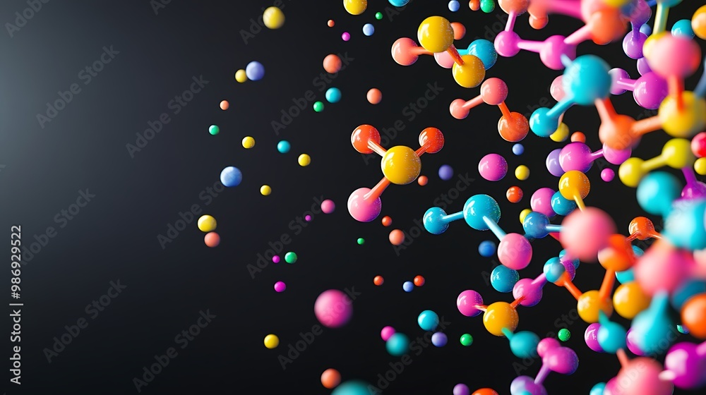 Poster a 3d rendering of colorful spheres connected by rods, resembling a molecular structure, against a bl