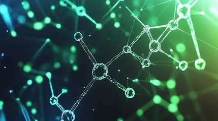 Abstract digital network of glowing lines and dots in green and blue tones.