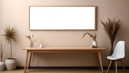 A modern minimalist living room with a large white framed mirror hanging on the wall above a wooden console table.