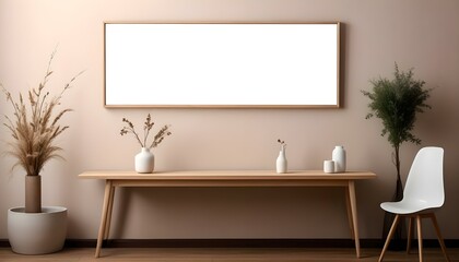 A modern minimalist living room with a large white framed mirror hanging on the wall above a wooden console table.