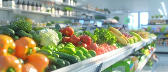 Grocery Market Interior Scene, vibrant aisles filled with colorful produce, neatly organized shelves, warm ambient lighting creating an inviting shopping atmosphere, detailed textures and layouts.